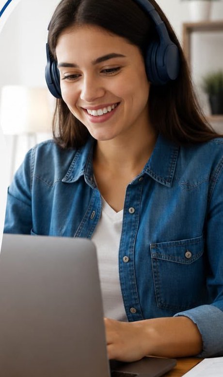Aluna de fones de ouvido assistindo a uma aula online no notebook, em casa