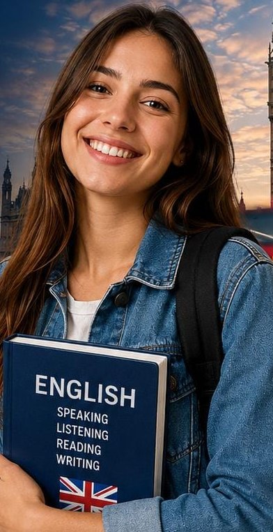 Estudante sorrindo com livro de inglês, tendo Londres ao fundo